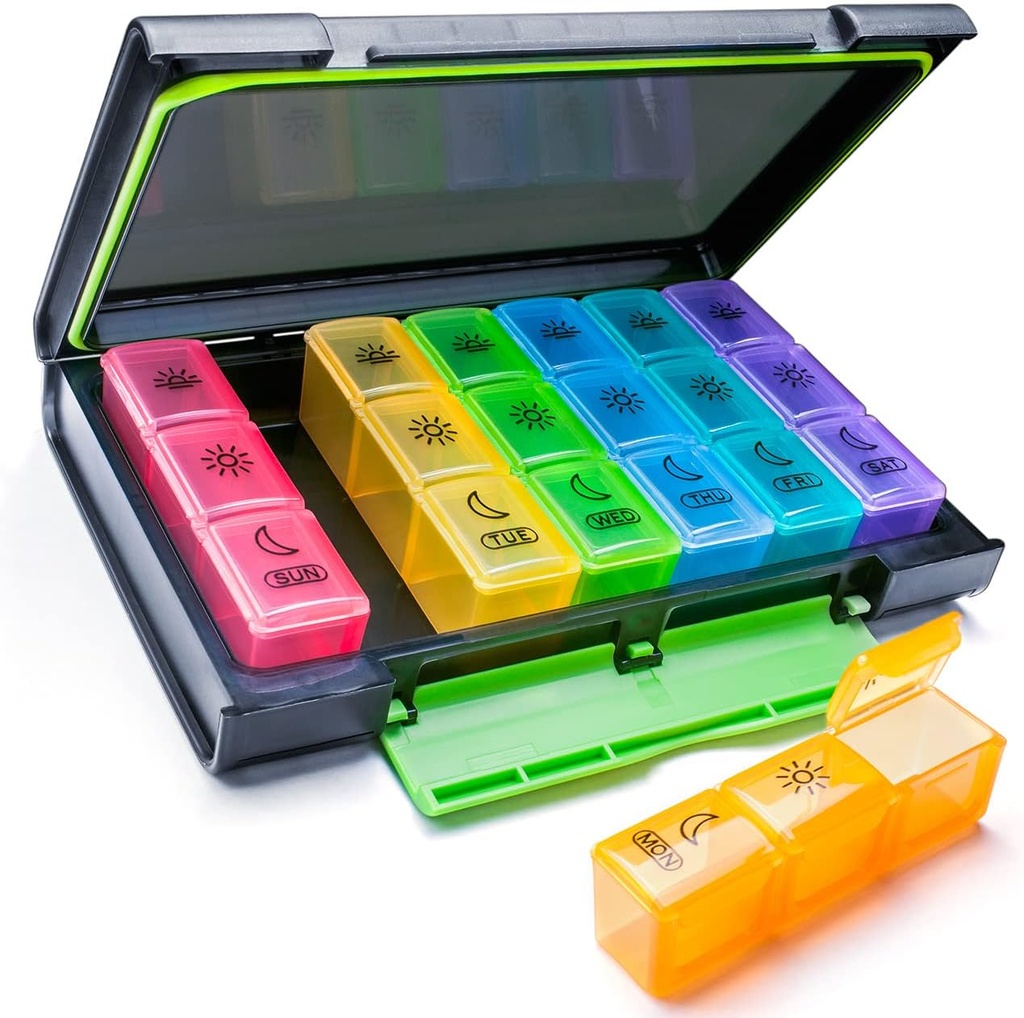 Organizador semanal de píldoras, caja de 7 días (3-Times-A-Day) Portátil para viajar con caja de mueble-proof Design Pills/Vitamin/Fish Oil/Supplements