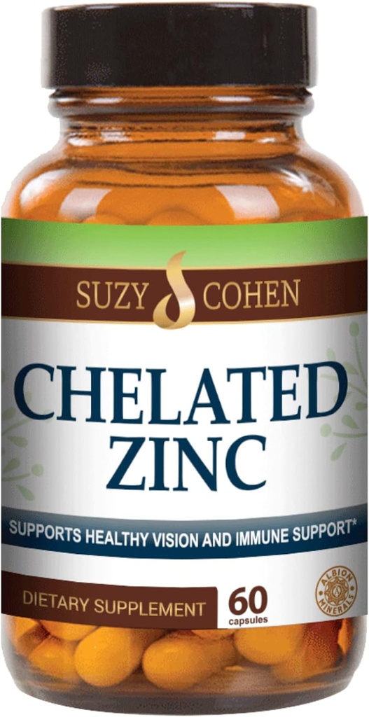 Suzy Cohen Chelated Zinc Supplements - 60 Capsules Gentle on The Stomach - Zinc es para el crecimiento de células sanas y la formación de ADN - Supports Healthy Immune Function and Skin Health