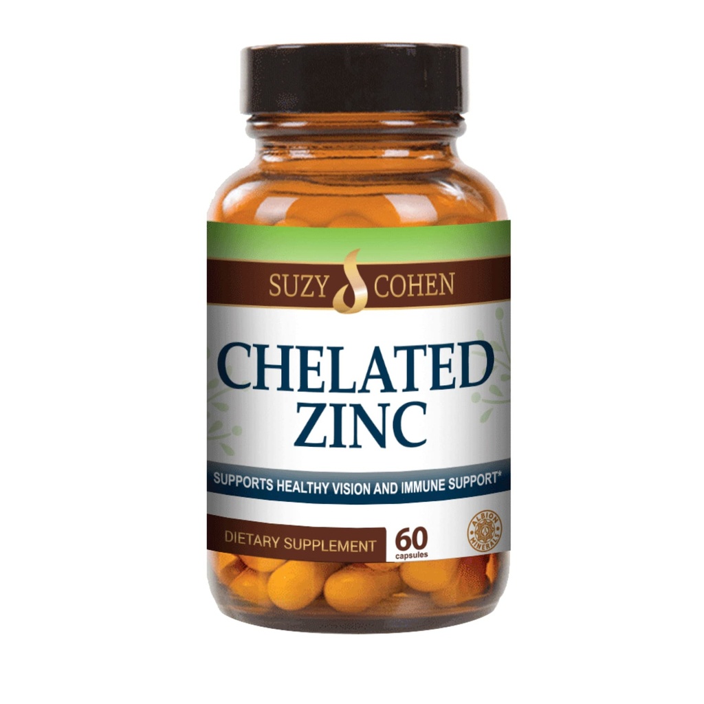 Suzy Cohen Chelated Zinc Supplements - 60 Capsules Gentle on the Stomach - Zinc es para el crecimiento de células sanas y la formación de ADN - Supports Healthy Immune Function and Skin Health