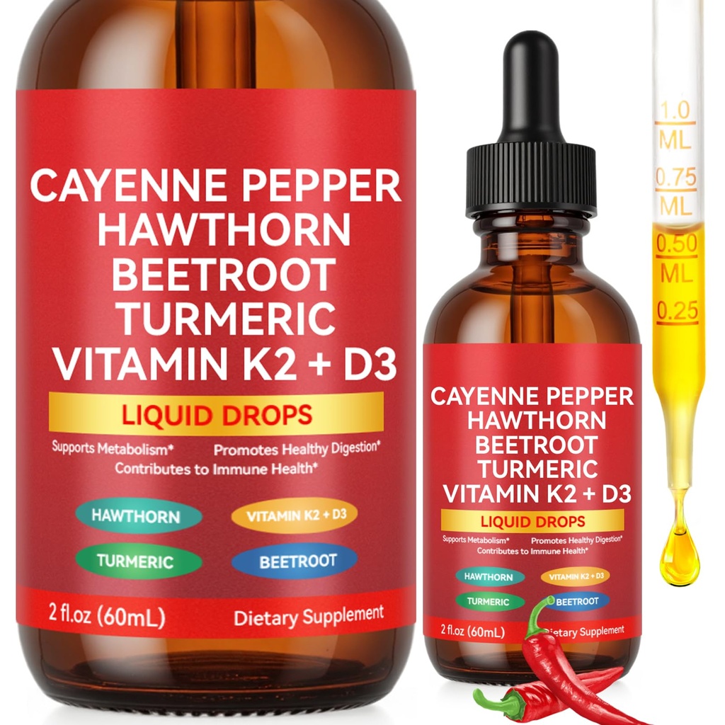 Cayenne Pepper Drops, Liquid Cayenne Pepper Organic, Cayenne Health Supplements, Cayenne Pepper Hawthorn Beet Root Turmeric Curcumin, Vitamin K2 & D3, Vegan-Friendly- 2 Fl Oz