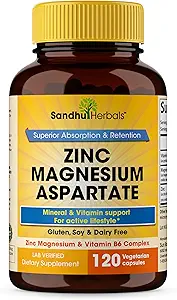 SANDHUHERBALS Zinc Magnesium Aspartate Suplemento 120 cápsulas sometidas con vitamina B6 " Zinc  sometida High Absorption, Sleep and Immune Support  durable for Men &amp; Women