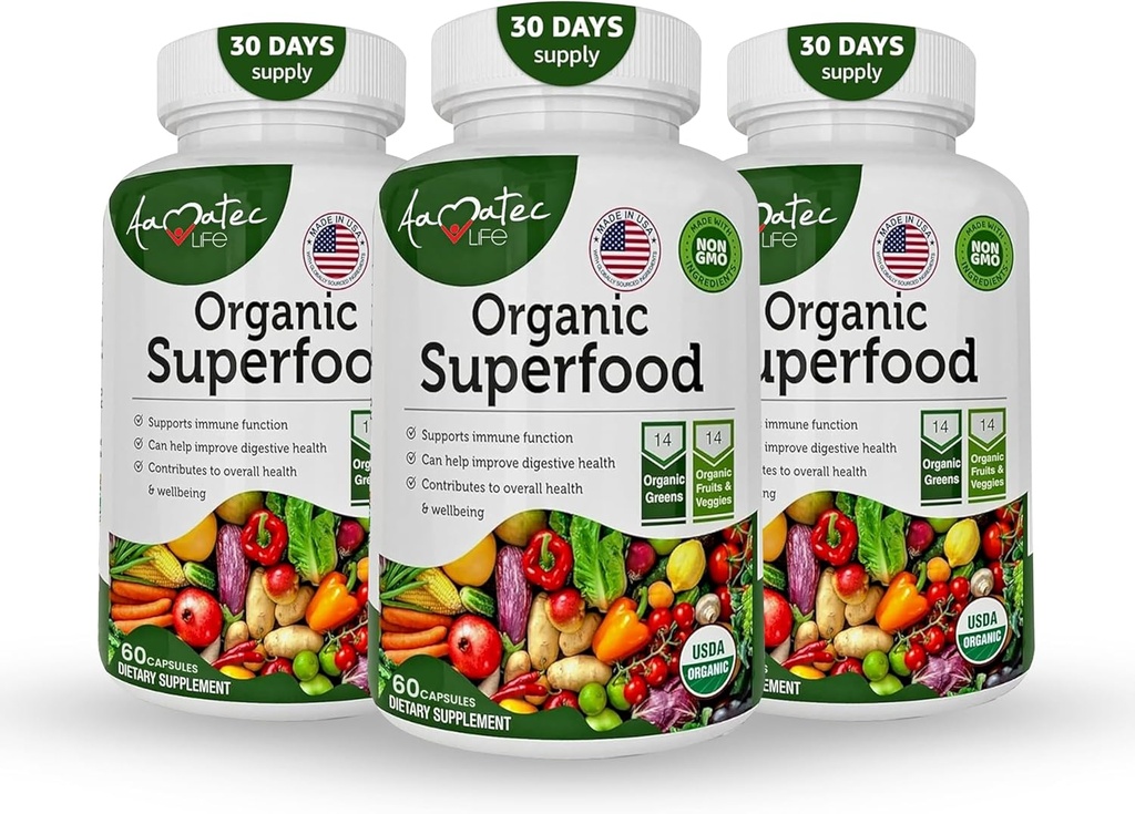 Ecológico Superfood Greens Fruits and Veggies Complex - Best Dietary Supplement with 14 Greens &14 Fruits & Vegetables with Alfalfa Rich in Antioxidants Organic Ingredients Non-GMO (180 Count Pack of 3)