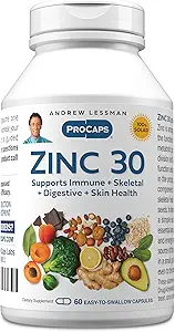 ANDREW LESSMAN Zinc 30mg - 60 cápsulas - Citrato de zinc altamente absorbible. Soporta Immune, Skeletal, Digestive y Skin Health. Pequeñas cápsulas fáciles de absorber. No hay aditivos