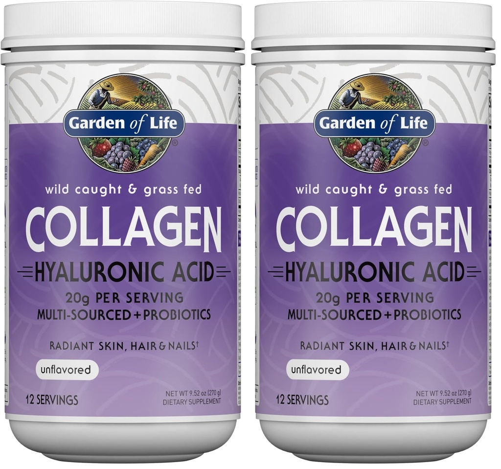 Garden of Life Marine&Grass-Fed Collagen Peptides Powder Supplement (Type I,III) with Probiotics,BCAAs&Hyaluronic Acid for Radiant Hair,Skin-&Nails – Unflavored,20g per serving,12 Servings,(Pack of 2)