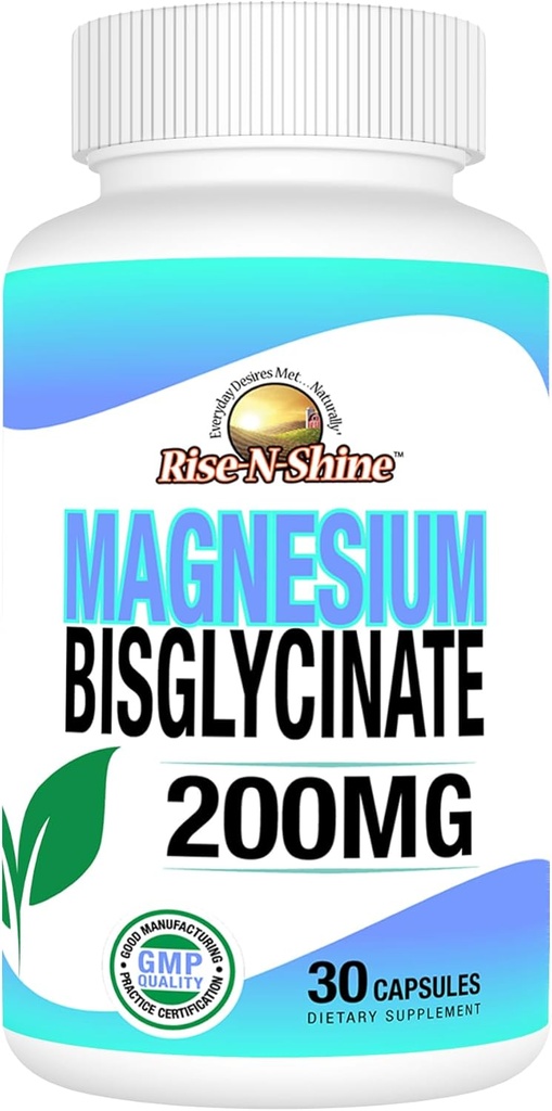 Rise-N-Shine - Magnesium Bisglycinate 200 mg - Joint & Muscle Support - Supplement to Support Energy, Digestion and Bones - Magnesium for Sleep Support and Rest (30 Capsules)