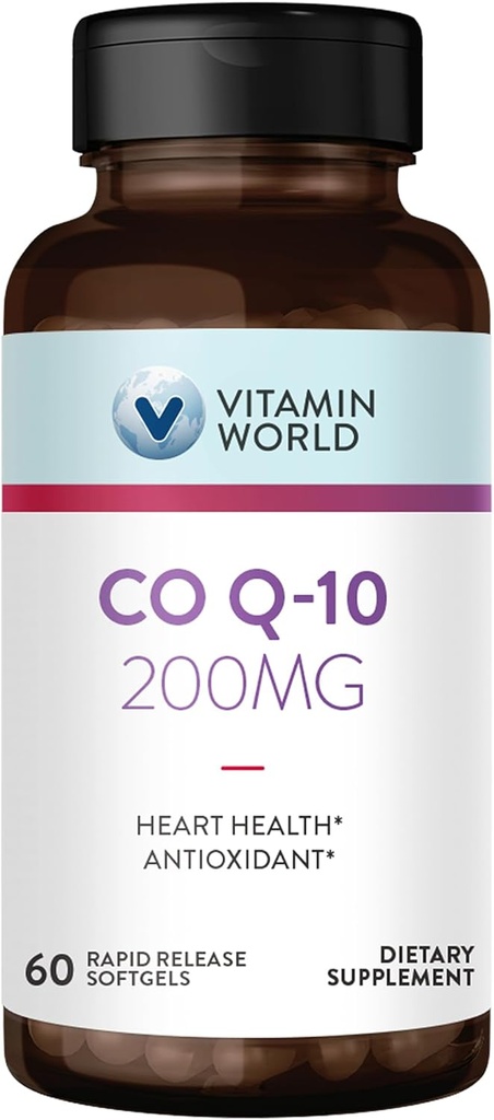 Vitamina World CoQ10 200 mg Softgels, Coenzyme Q10 Suplementos para soporte antioxidante, salud cardíaca y producción de energía, Gluten Free, 60 Rapid Release Softgels