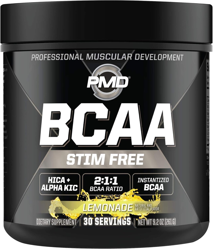 PMD Sports BCAA Aminoácidos libres de estímulo - Mejor rendimiento de entrenamiento, recuperación mejorada, energía diaria, constructor de músculos y sparing muscular - BCAA Powder Drink Mix - Lemonade (30 servidos)