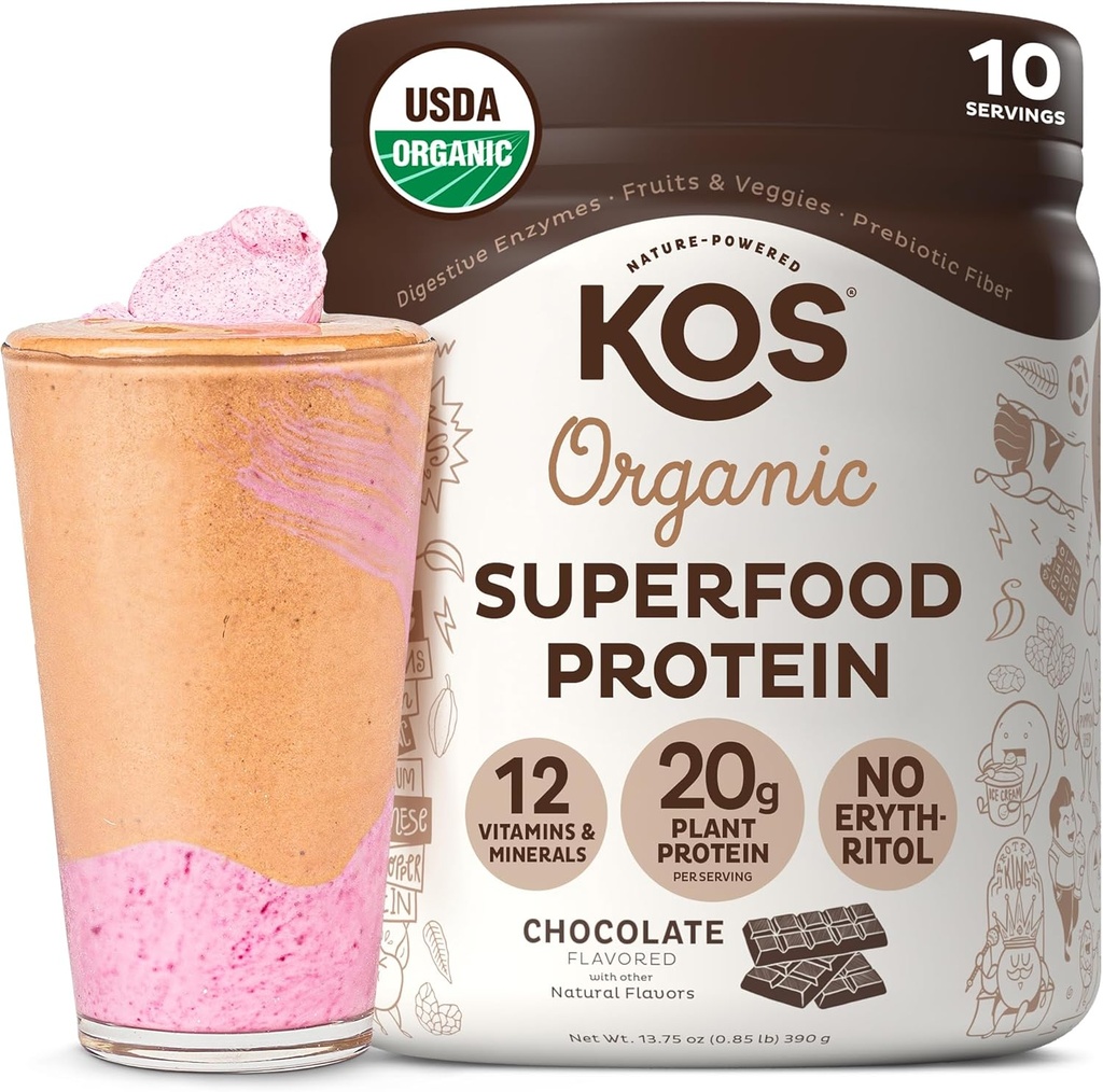 KOS Vegan Protein Powder, Chocolate USDA Organic - Baja Carb Pea Protein Blend, Superalimentos basados en plantas con vitaminas y minerales - Keto, Soy, Gluten Gratis - Reemplazo de comida para hombres y mujeres - 10 Serviciones