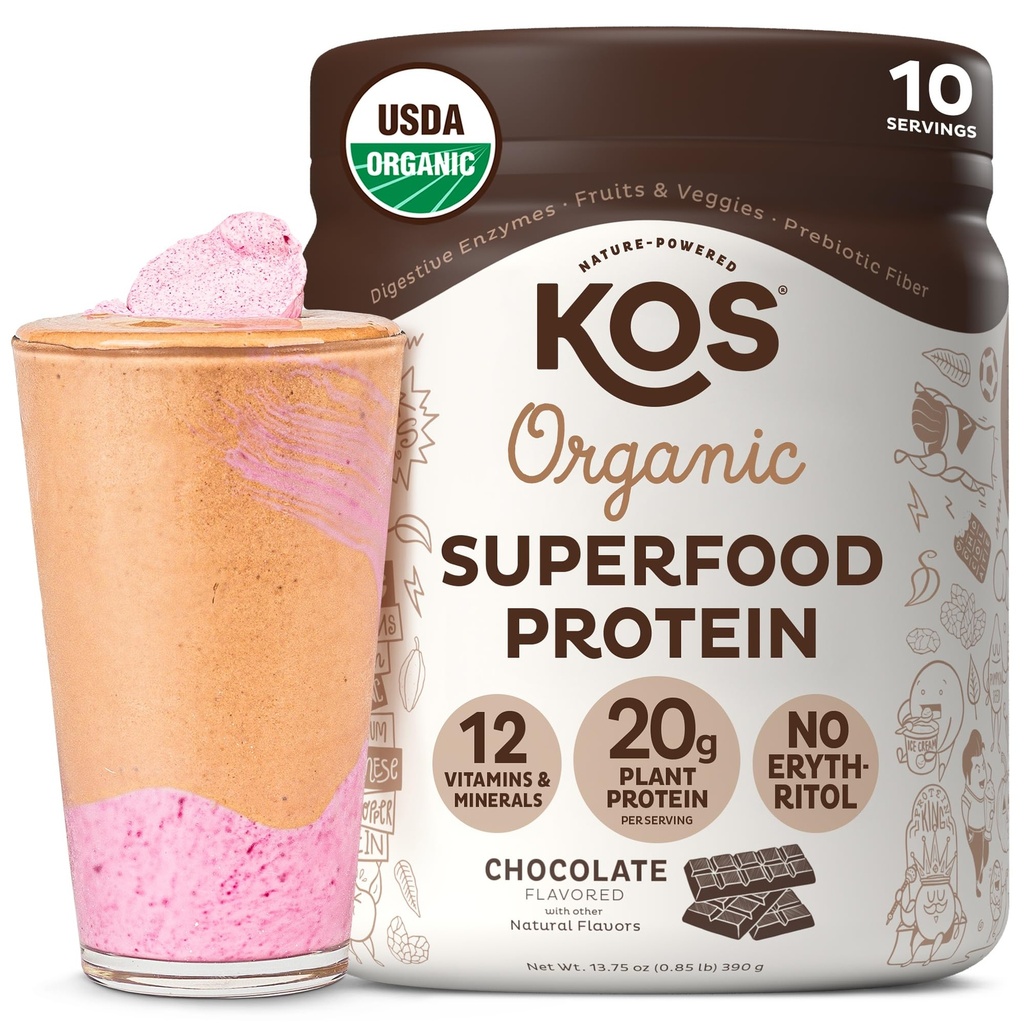 KOS Vegan Protein Powder, Chocolate USDA Organic - Low Carb Pea Protein Blend, Plant Based Superfood with Vitamins & Minerals - Keto, Soy, Gluten Free - Meal Replacement for Women & Men - 10 Servings
