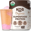 KOS Vegan Protein Powder, Chocolate USDA Organic - Baja Carb Pea Protein Blend, Superalimentos basados en plantas con vitaminas y minerales - Keto, Soy, Gluten Gratis - Reemplazo de comida para hombres y mujeres - 10 Serviciones
