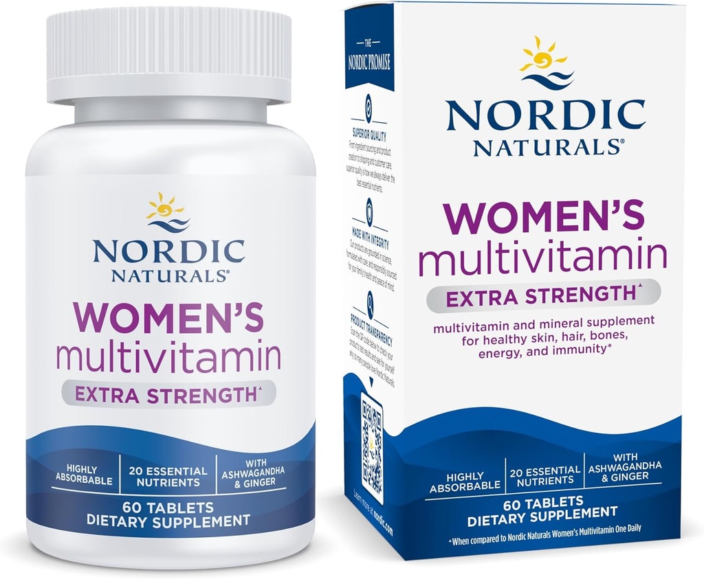 Nordic Naturals Mujer Multivitamina Extra Strength - Skin, Hair, Energy, & Bone Support - Suplemento de inmunidad - 20 Nutrientes esenciales - 60 Tabletas - 30 Serviciones
