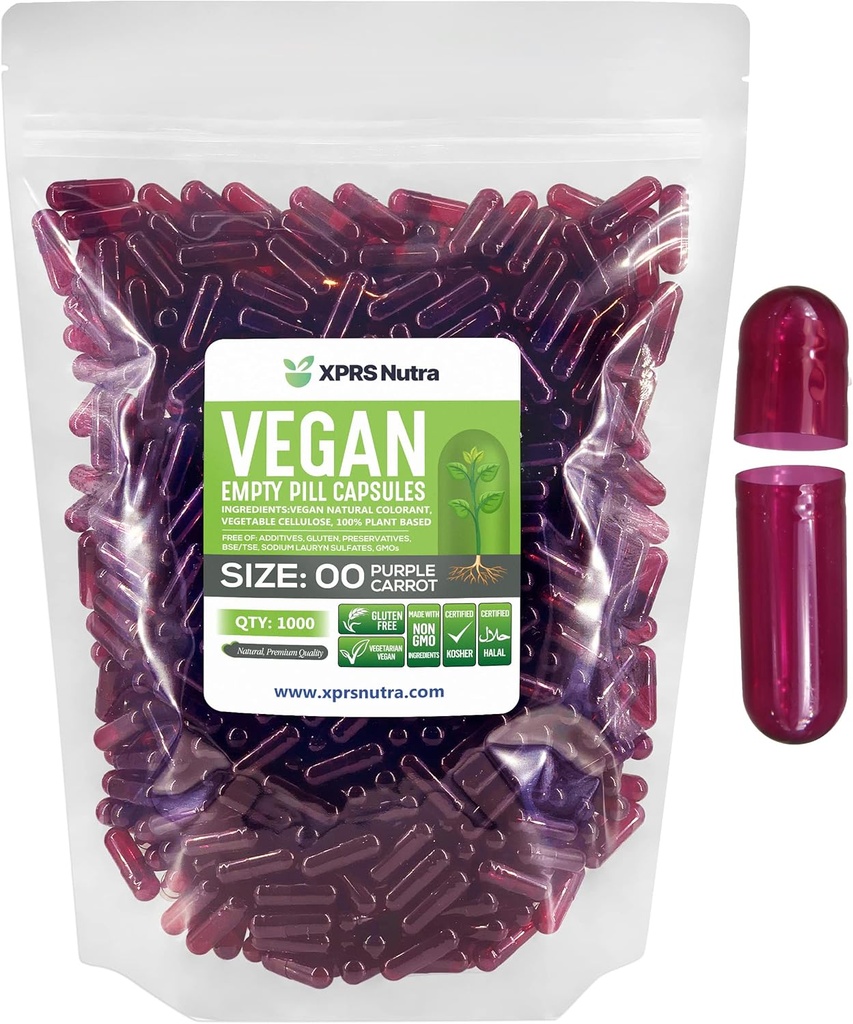 XPRS Nutra Tamaño 00 Empty Capsules - 1000 Conde Vacío Cápsulas Vegan - Láminas Vacío Vegetarianas - DIY Cápsulas Vegeta Filling- Veggie Pill Caps (Purple Carrot)