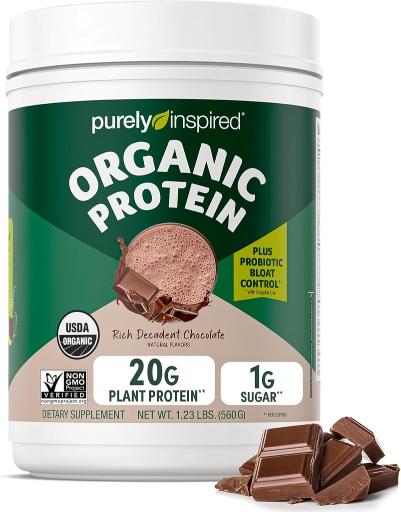 Polvo de proteína puramente inspirada para hombres y mujeres, Chocolate rico decadente (16 servidos) - Vegan &amp; Organic - 20g de Pea Protein Powder para smoothies & Shakes - Sin lácteos, &amp; sin gluten