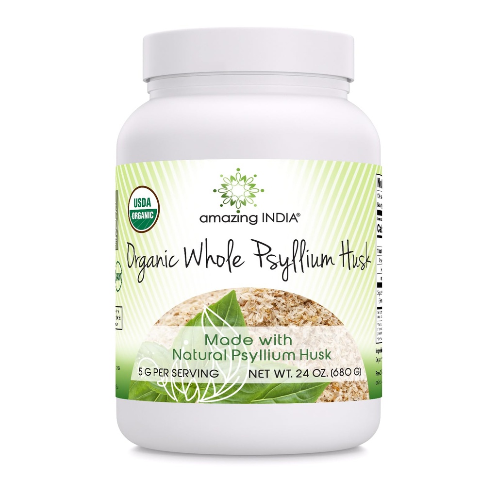 Amazing India USDA Organic Whole Psyllium Husk Powder Supplement | 5 Grams Per Serving | Non-GMO | Gluten Free | Made in USA (24 Oz | 1 Pack)