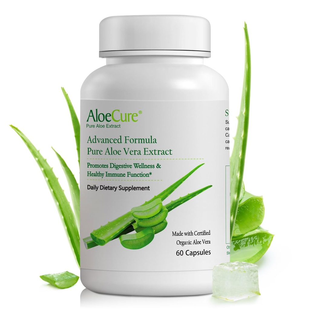 AloeCure Aloe Vera Capsules, Made with Organic Aloe Vera to Gently Support Gut Health & Digestive Comfort, Stomach Acid Buffer, Natural Immune Supplement, Aloin Free, 60 Capsules x 12-Bottles