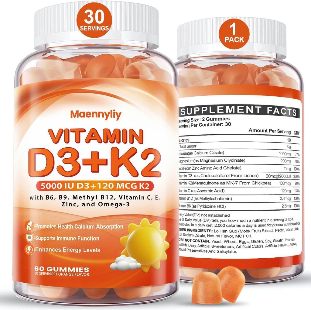 Vitamina D3 K2 Gummies para adultos - Vitamina D3 5000IU + K2 (MK-7) 120mcg - Suplementos D3 y K2 sin azúcar con Omega-3, Metil B12, B9, B6, Vitaminas E &amp; Zinc - para la Absorción de calcio &amp; Salud Inmunitaria