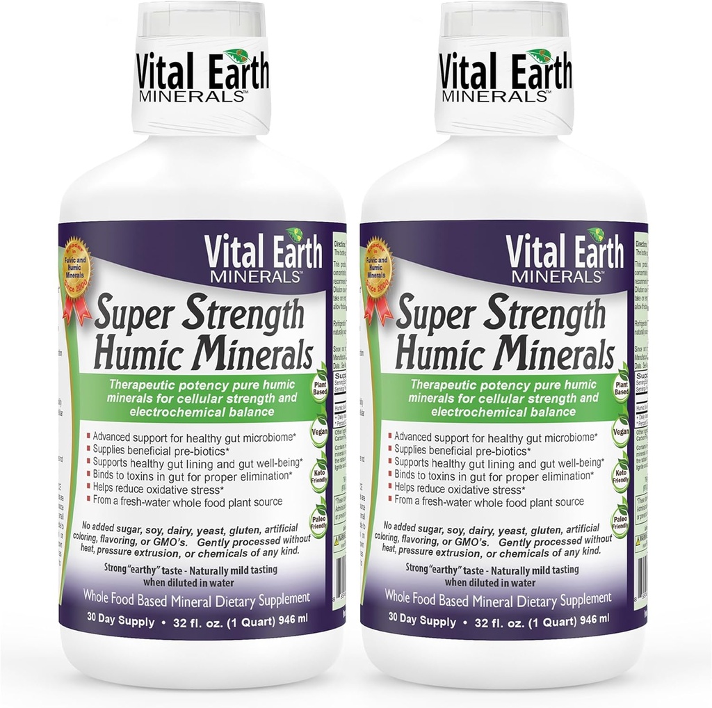 Vital Earth Minerals Super Strength Humic Minerals 2-Pack – Suplemento Ácido Fulvic con 70+ Minerales Trace, Electrolitos para Detox " Digestión, 32 Oz Ea + 1 Copa Oz