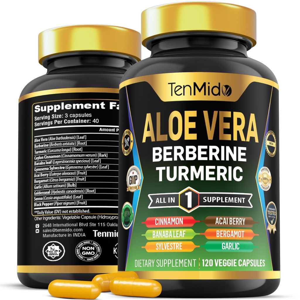 Aloe Vera Capsules Suplemento - 12in1 Fórmula - Combina con Berberine, Turmeric, Ceilán Canela, Banaba Hoja, Gymnema Sylvestre, Acai Berry, Bergamot, Ajo y Más - 120 cápsulas