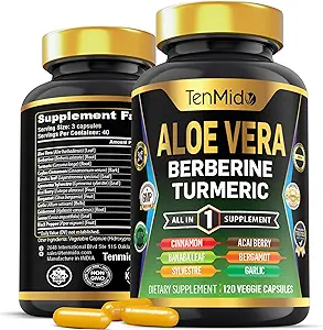 Aloe Vera Capsules Suplemento - 12in1 Fórmula - Combina con Berberine, Turmeric, Ceilán Canela, Banaba Hoja, Gymnema Sylvestre, Acai Berry, Bergamot, Ajo y Más - 120 cápsulas