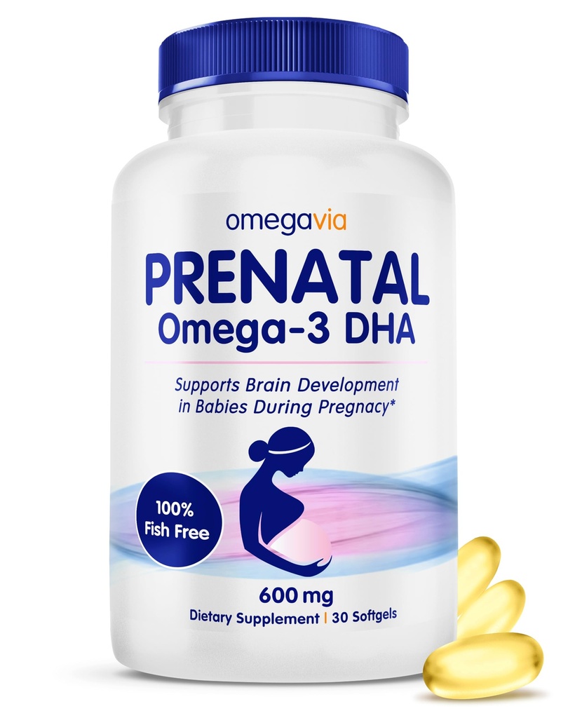 OmegaVia Prenatal DHA 600mg | Fish-Free Omega-3 Supplement | Supports Baby’s Brain, Eye & Nervous System Development | Safe for Pregnancy & Lactation | 30 Easy-to-Swallow Softgels