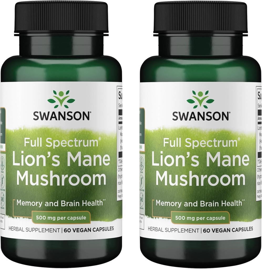 Swanson Full Spectrum Lion's Mane Mushroom - Brain Health Supplement to Support Memory, Focus & Clarity* - May also Aid Immune, Heart & Digestive Health - Gluten-Free < Non-GMO - 60 cápsulas (2 Pack)