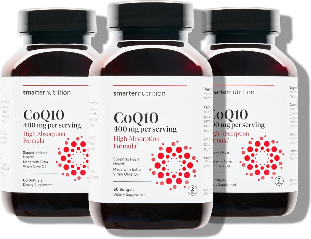 SMARTERNUTRITION CoQ10 400 mg Alta Absorción - Naturalmente Fermentada Ubiquinone w/Organic Cold-Presed Olive Oil - for Heart Health, Cellular Energy - Non-GMO, Gluten Free - 180 Count[90-Day Supply]