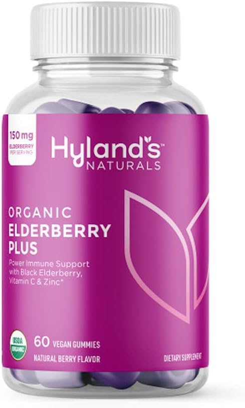 Hyland's Organic Elderberry Plus Gummies, Organic Black Elderberry con ZINC y Vitamina C, Immune Support Supplement for Adults, 60 Vegan Gummies (30 Days)