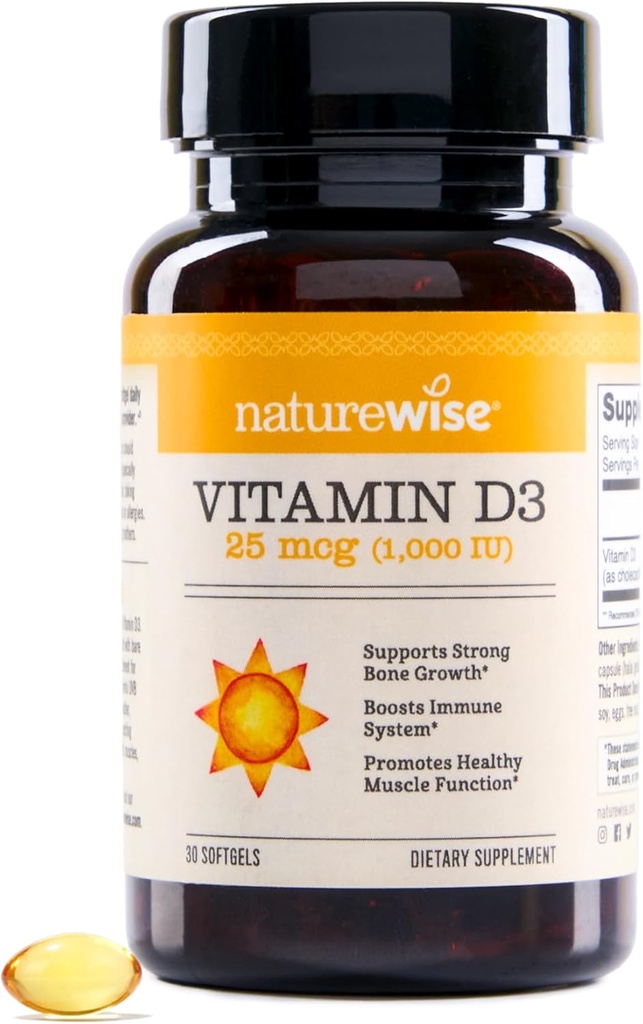 NatureWise Vitamin D3 1000iu (25 mcg) Fuente de 30 días para soporte inmunitario, función muscular saludable y salud ósea - no transgénico, sin gluten en aceite de oliva virgen extra orgánico, (Mini Softgel), 30 Conde