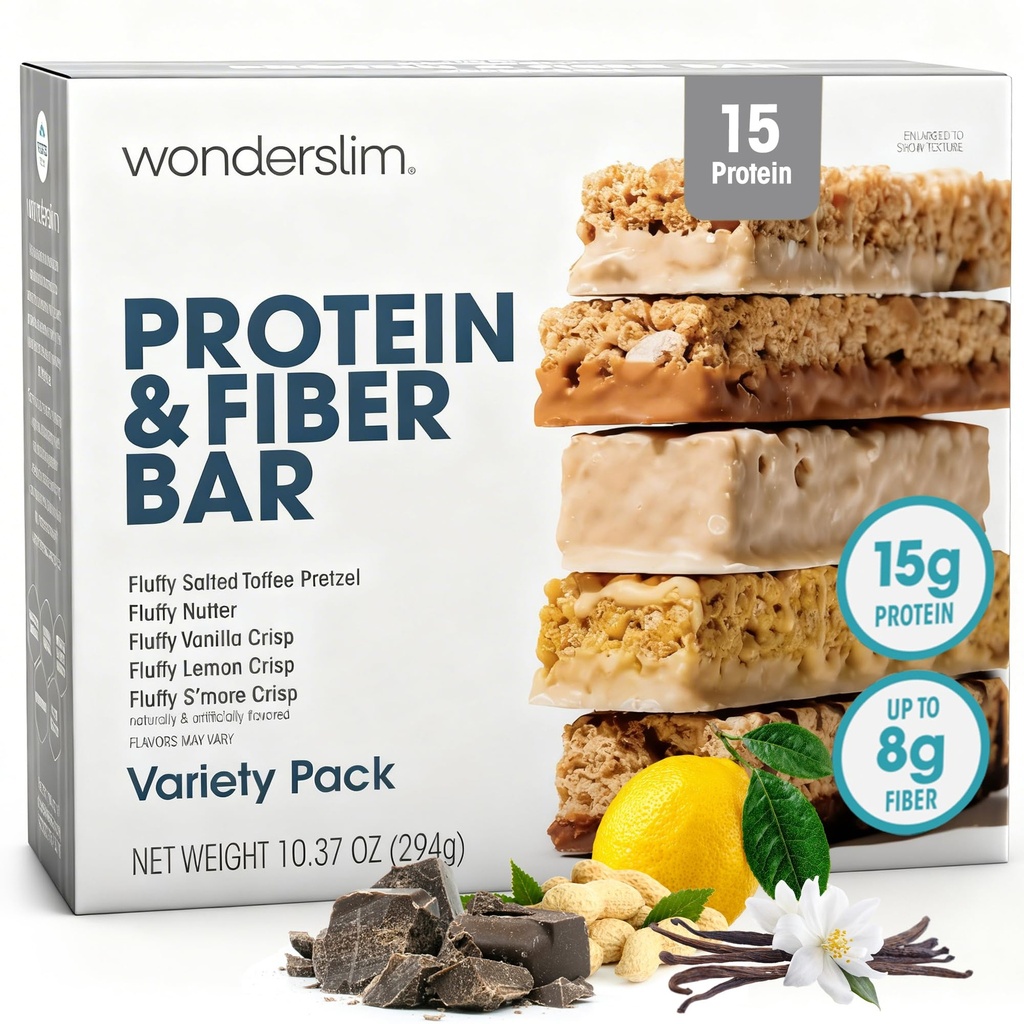 Wonderslim High Fiber Protein Bars, Variety Pack | 15g Protein, 8g Fiber | Low Sugar, Low Carb | Healthy Indulgence | Satisfying, Supports Energy & On-the-Go Convenience, 7 Pack