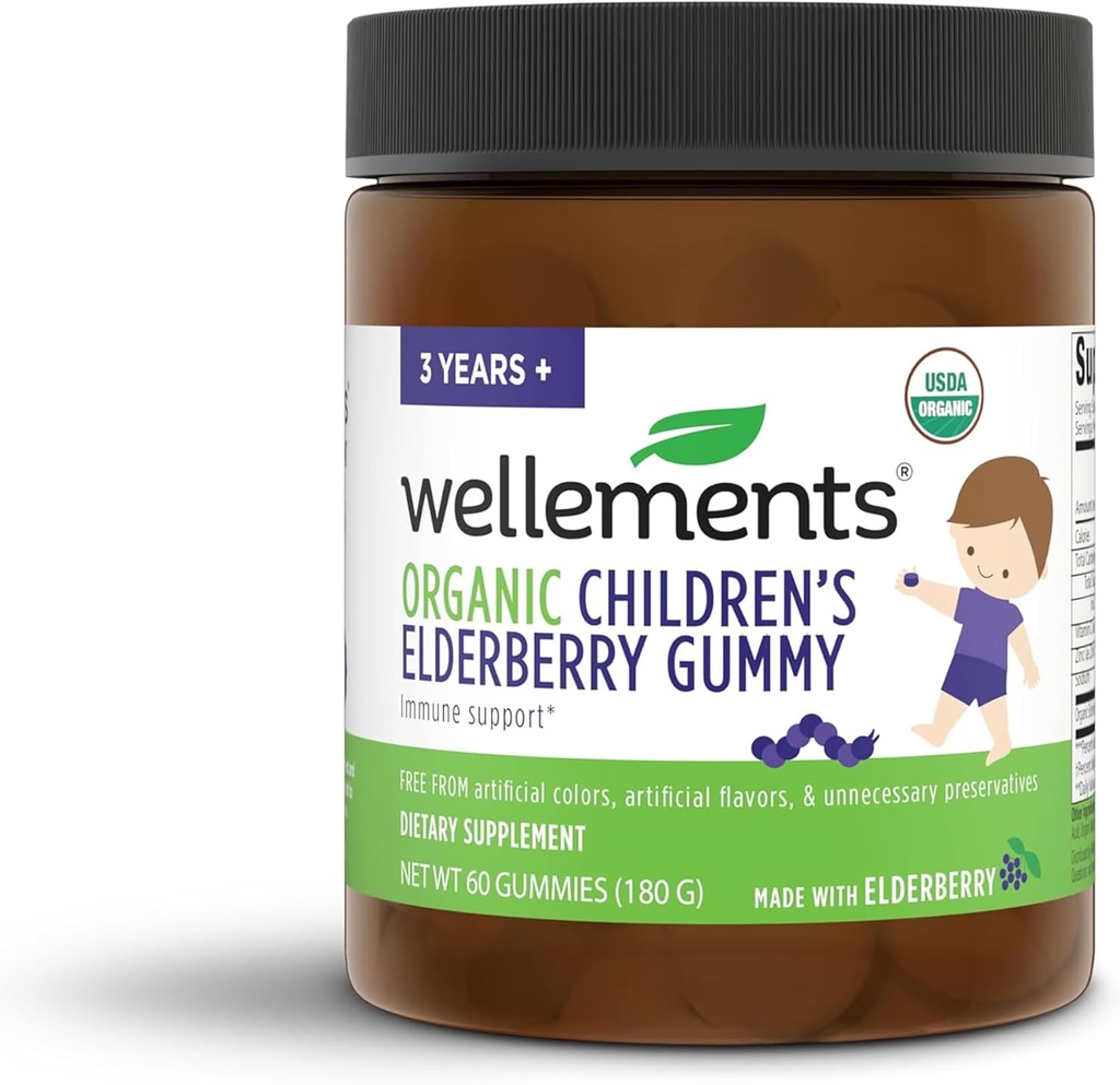 Wellements Organic Children's Elderberry Gummy ← Daily Kids Immune Support Gummies*, Made with Vitamin C and Zinc, USDA Certified Organic, No Artificial Colors ← 2 Years +, 60 Count