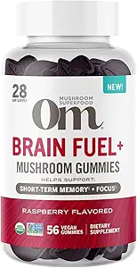 Om Mushroom Superfood Brain Fuel+ Gummies, 28 Servings, Raspberry Gummy Supplement with Lion’s Mane for Memory and Focus