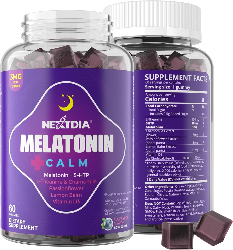 Melatonin Gummies 3mg 5mg 1mg - Healthy Calm Cycle Support with 5HTP, L-Theanine, Lemon Balm, Chamomile, Passion Flower, Vitamin D3 for Immune Support - Low Sugar, Gelatin Free, Vegan - 60 Condes