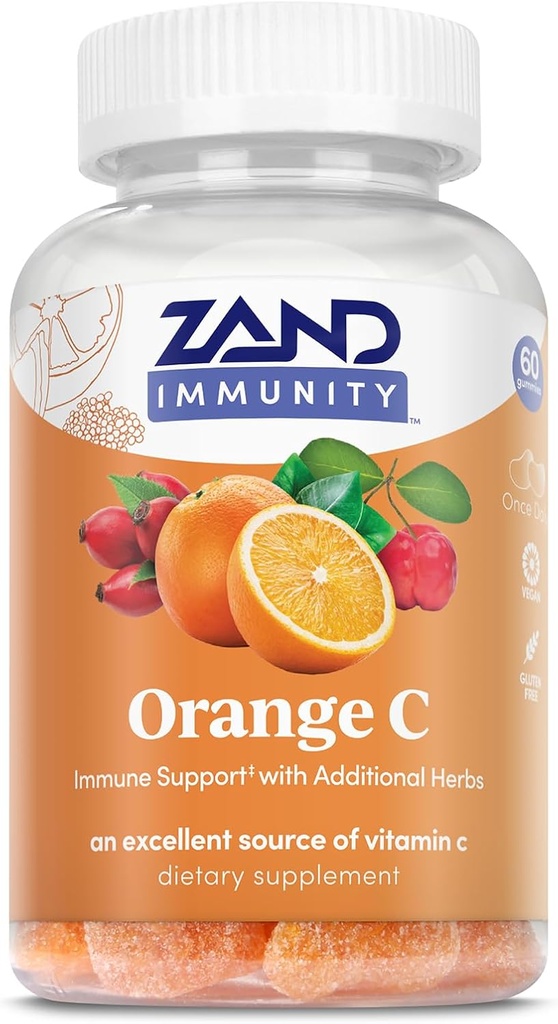 ZAND Immunity Orange Vitamin C Gummies, Wellness and Immune Support Supplement, Chewable Vitamin C w/Citrus Bioflavonoids, Rose HIPS and Acerola, Vegan, Gluten Free, 60-Day Guarantee, 30 Servings