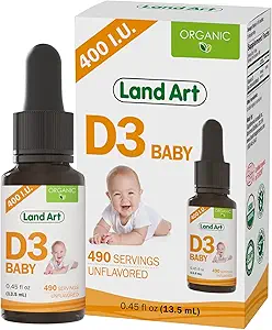 Land Art - Certified Organic Vitamin D3 Drops Baby – 400 IU per Drop – 490 Servings – Supports Bone " Teeth Development – Vitamina D Drops for Infants " Toddlers – GMO-Free - Gluten-Free – 0.45 fl oz