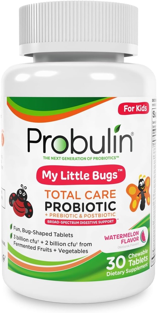 Probulina Total Care Kids Probiotic Chewable Tablets, My Little Bugs Prebiotics, Probiotics, and Postbiotics Chew Supplements, 5 Billion CFU, 15 Strains, 30 Count Bottle