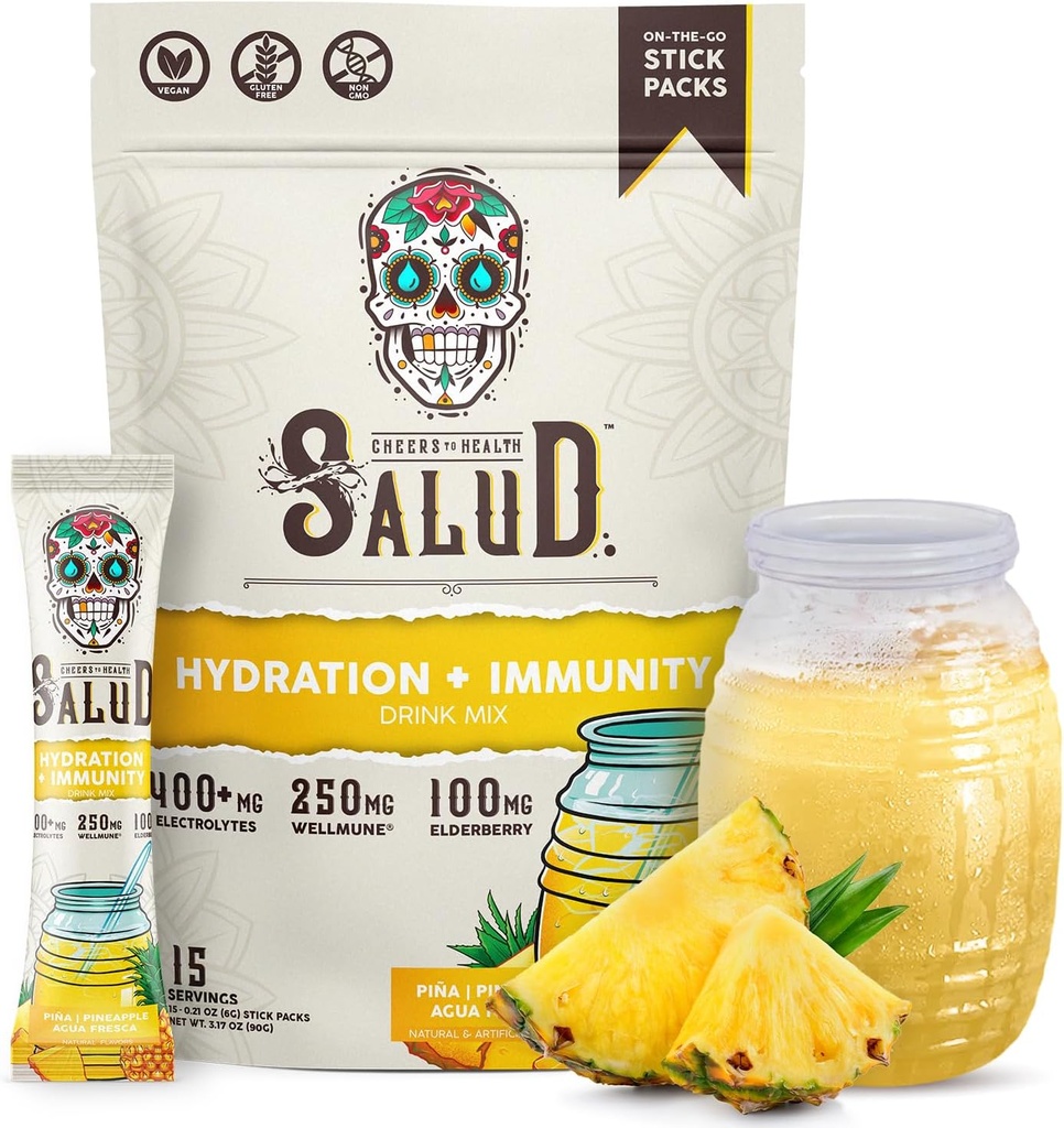 Salud 2-en-1 Hidration Packets + Immunity Electrolytes Powder, Pineapple - Agua Fresca Drink Mix, Elderberry, Dairy &amp; Soy Gratis, No Gluten Free, Vegan, Baja Calorie, 1g Sugar (15 Servings)