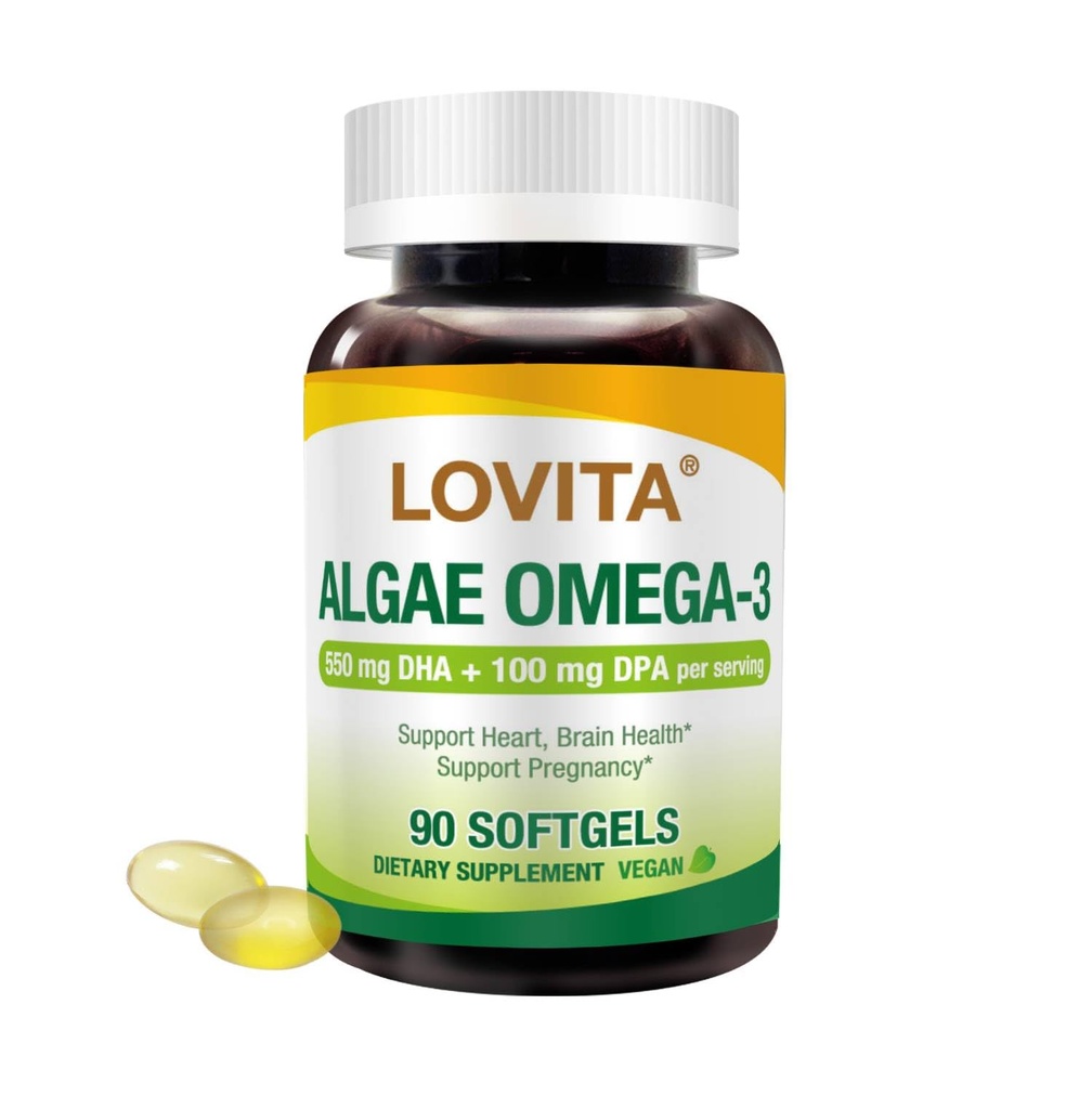 Lovita Algae Omega-3, Vegan and Plant-Based DHA & DPA, Fish Oil Alternative, 1000mg Algae Oil, Support Heart and Brain Health, Carrageen-Free, 90 Softgels