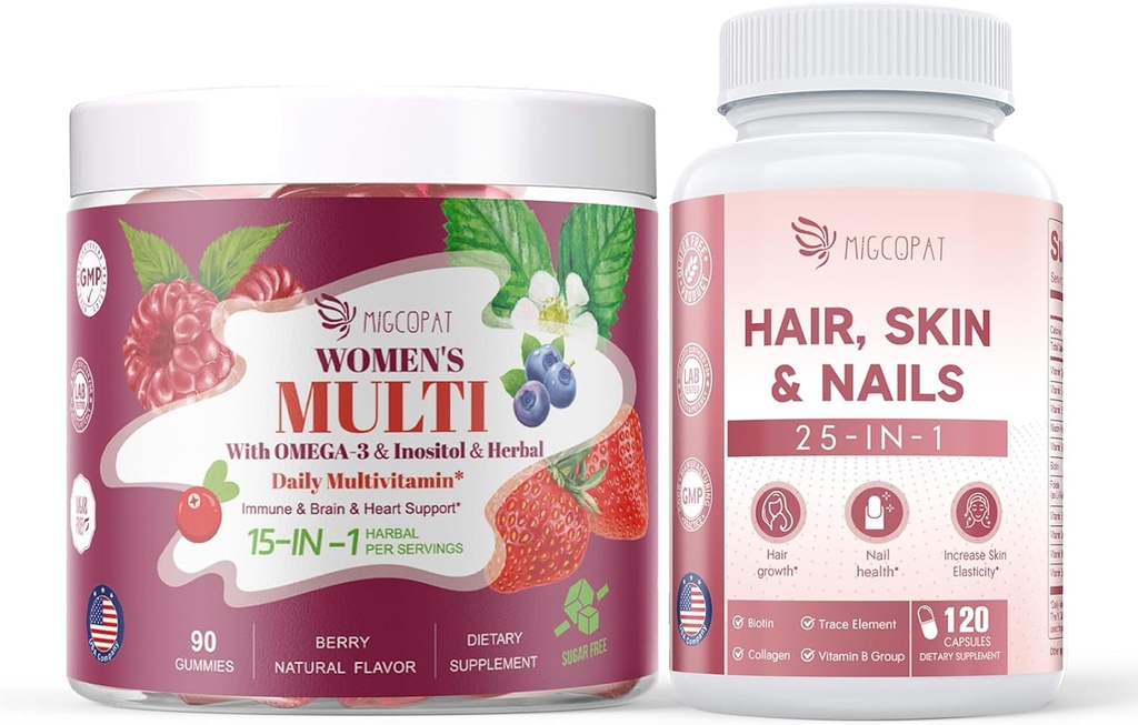 Mujeres Multivitaminas &amp; Pelo, Piel &amp; Nails Suplemento Bundle, Brain & Heart Support, Gut & Digestion, Crecimiento del cabello, Salud de la piel, Fuerza de uñas