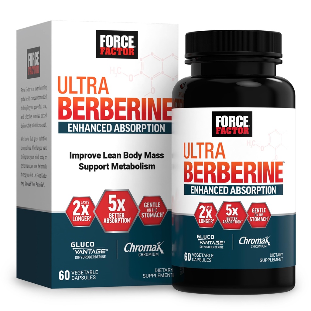 Force Factor Ultra Berberine Enhanced Absorption, with Ceylon Cinnamon, Dihydroberberine & Chromium, 5X Absorption, 2X Longer Lasting, Promote Lean Body Mass, 60 Vegetable Capsules