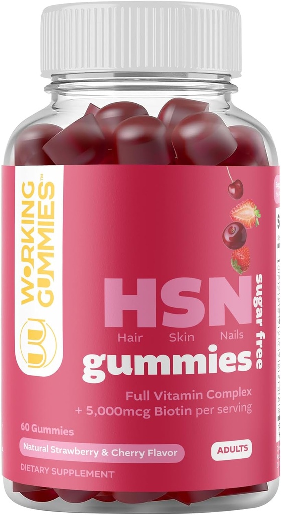 HSN Gummies - Peluquería y uñas Gummies - azúcar libre de biotina Gummies 5000mcg con Complejo de vitamina completa para el crecimiento del cabello, piel sana, fuerza de la uñas - 60 Ct fresa &amp; sabor cereza