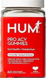 HUM Pro Manzana Vinagre Gummies con Probióticos para Salud Digestiva & Gut Health,100% Vinagre de Sidra de Manzana Orgánica con Vitaminas Gummy Madre, Vitamina B12 para Apoyo Energético, 60 Gummies ACV