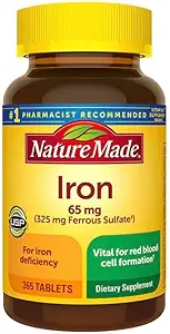 Nature Made Iron 65 mg 365 Tablets (325 mg Ferrous Sulfate), Suplemento dietético para el apoyo a las células rojas de sangre, 365 Tablets, 365 Day Supply- Bundled with nalkotSupliments Guide