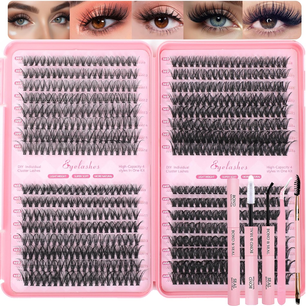 Lash Clusters Kit, 640 Pcs Eyelashes Clusters Extensions Kit 9-16mm Individual Lashes D Curl Fluffy Wispy False Eyelashes Thin Band with Bond Seal Tweezers Brush DIY (30D+40D+50D+60D Kit 9-16mm)