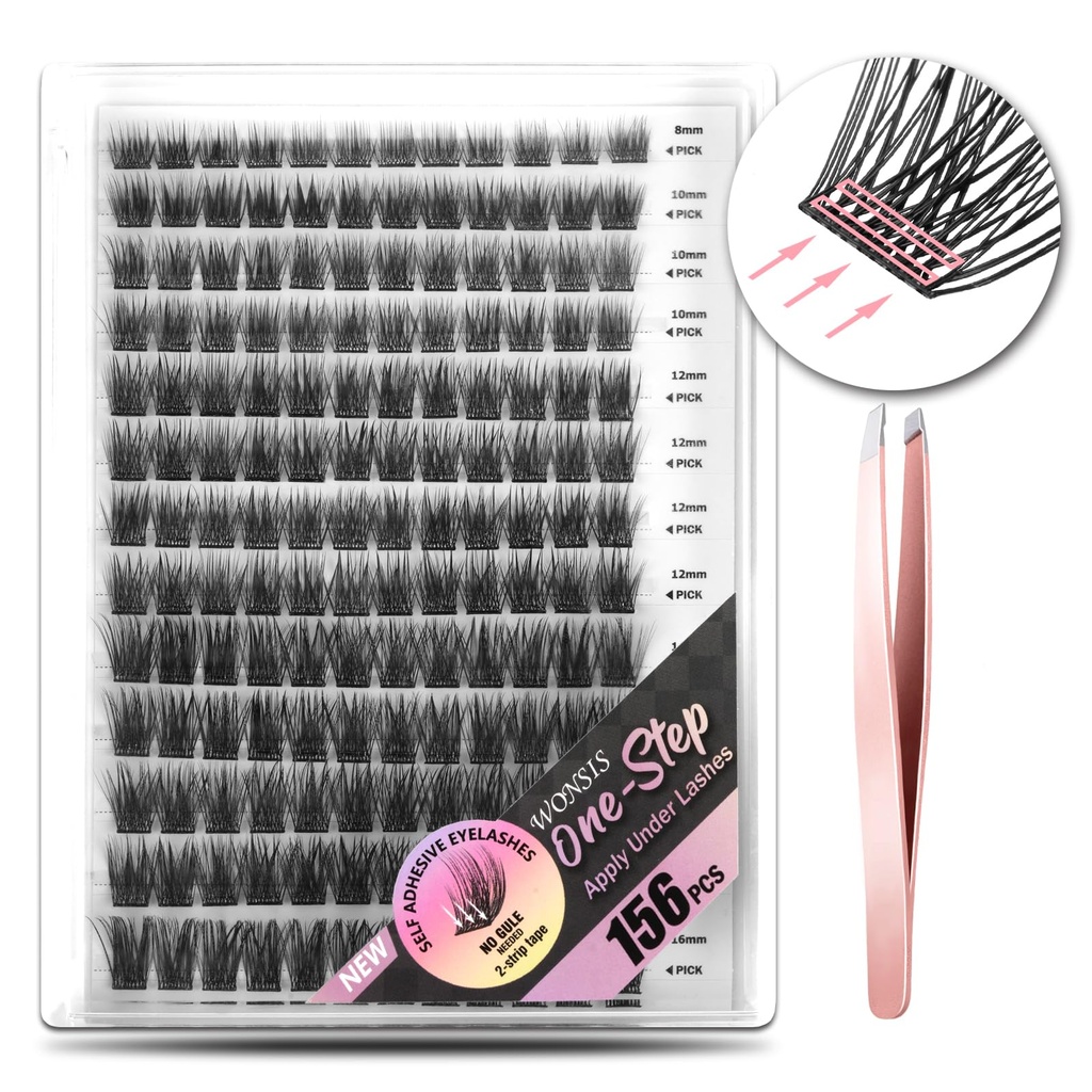 Self Adhesive Eyelashes, 156 Pcs Self Adhesive Eyelash Clusters, No Glue Needed, Invisible 2-Strip Tape - Longer Lasting, No Sticky Residue Pre Glued Eyelashes (Volume-Mixed)