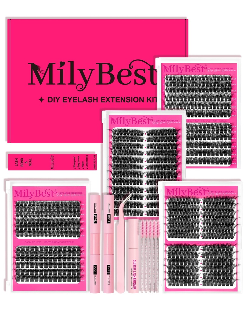 MilyBest 4 Styles Lash Clusters Kit 864Pcs Eyelash Clusters Lash Kit Volume Lashes Clusters D Curl DIY Individual False Eyelashes with 2 Bond&Seal Wispy Bulk Cluster Eyelash Extensions Kit De Pestañas