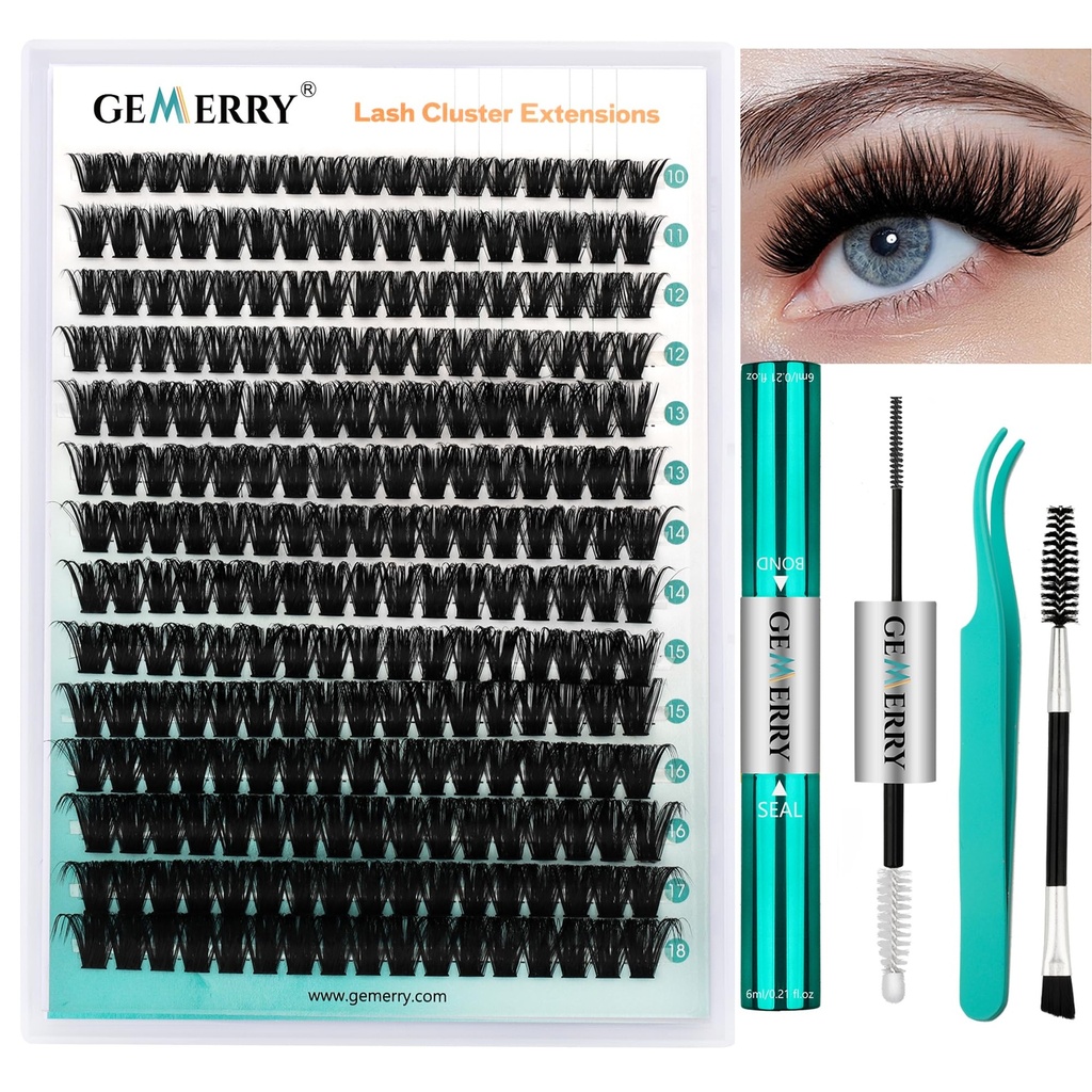 GEMERRY Eyelash Extension Kit Thick Curl Fluffy Clusters Kit With Lash Bond and Seal, Tweezers, DIY Lash Extension (80P-10-18mm)