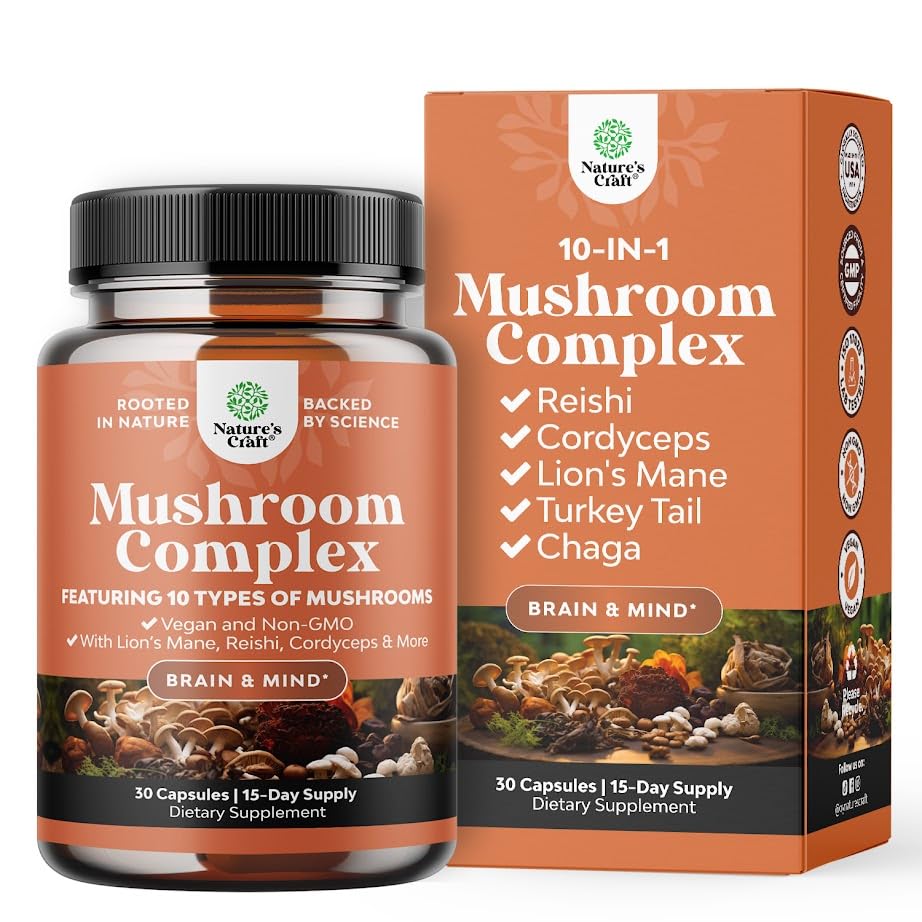 Advanced Mushroom Complex Capsules - 10X Lions Mane Supplement Capsules with Reishi, Chaga, Maitake & Shiitake for Brain Health Memory Support & Focus - Nootropic for Mental Clarity - 30 Count