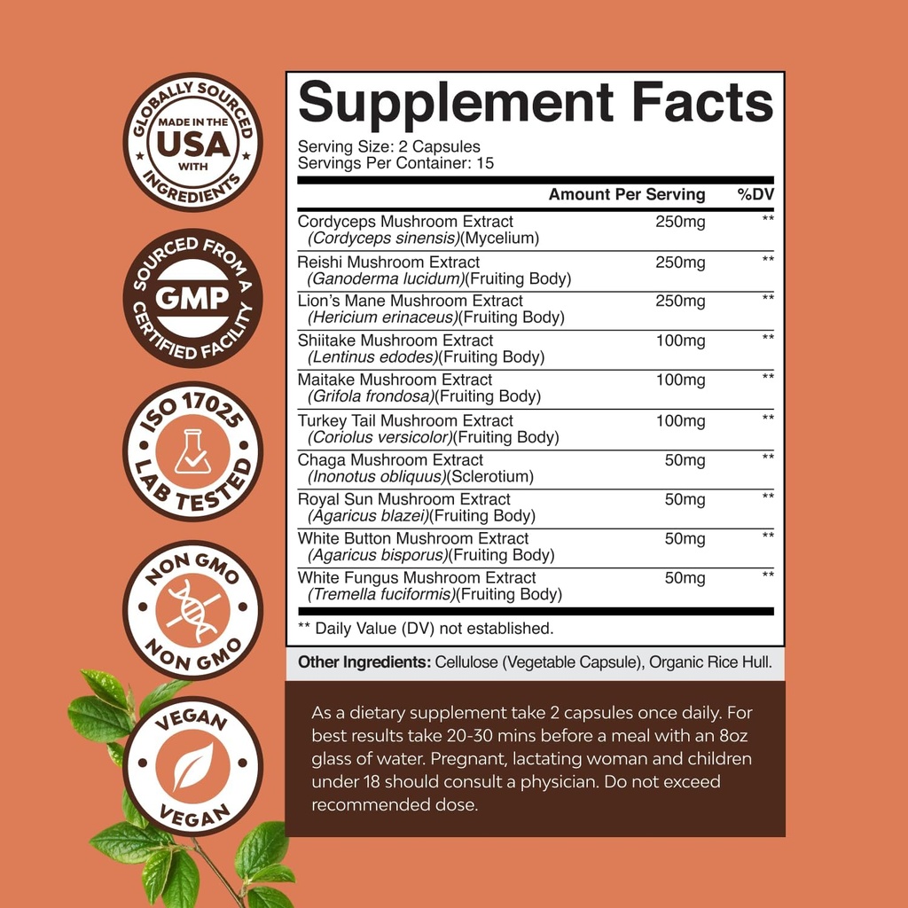 Complejo avanzado de setas cápsulas - 10X Lions Mane suplemento cápsulas con Reishi, Chaga, Maitake " Shiitake para la memoria de salud cerebral " Focus - Nootropic for Mental Clarity - 30 caps