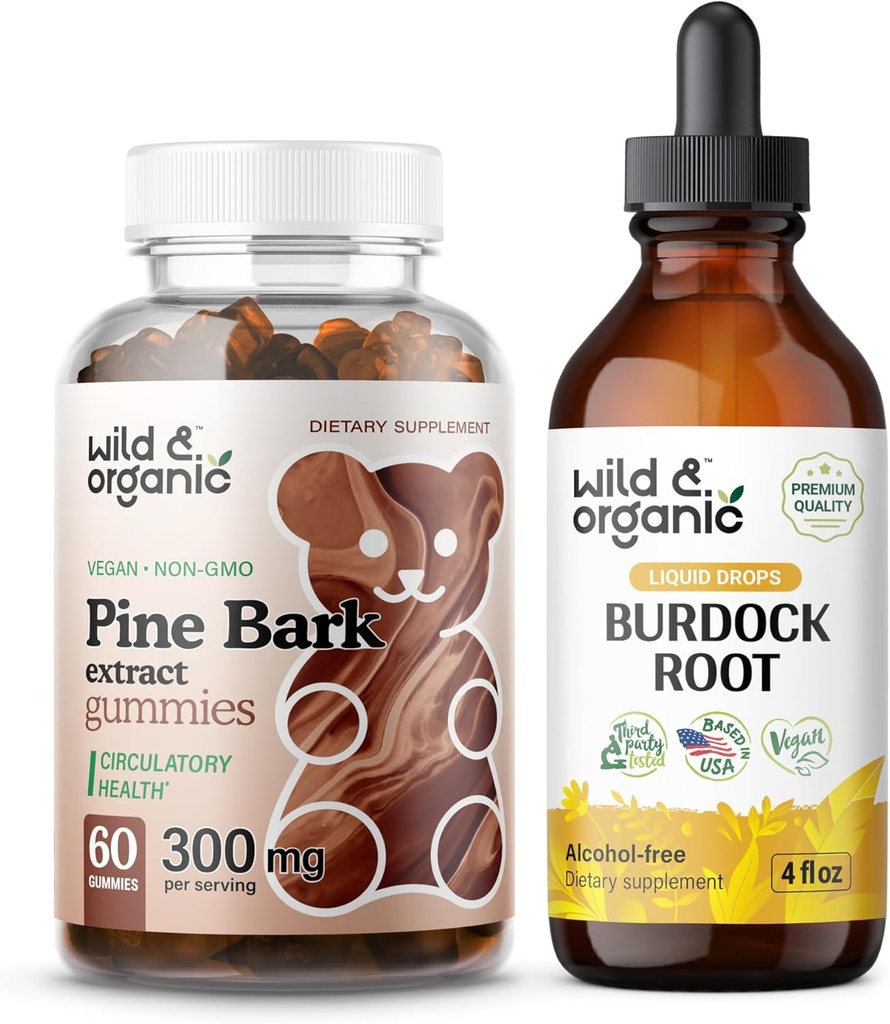 Wild &amp; Organic Pine Bark Extract Gummies &amp; Burdock Root Tincture 4 fl oz
