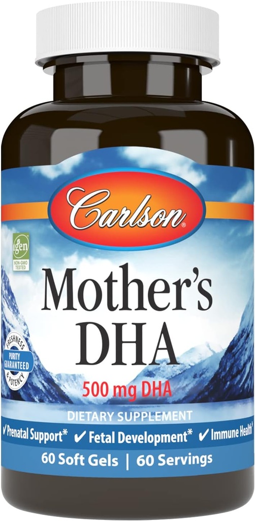 Carlson - DHA de la madre, 500 mg DHA, Apoyo prenatal, Desarrollo Fetal & Salud Inmunitaria, 60 Softgels